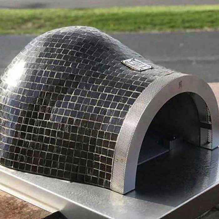Portable Hybrid Gas/Wood Forno Style Pizza Oven with Electronic Ignition, Black Powder Coat Steel Cart & Black Onyx Mosaic Tiles For LP Application Only